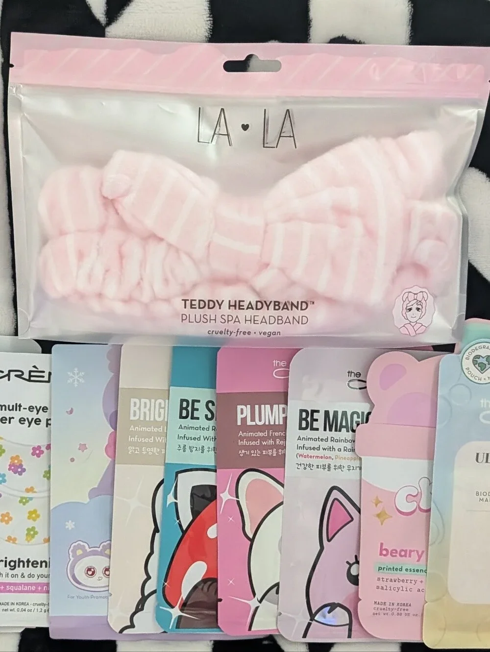 Pink Plush Bow Spa Headband & 7 Sheet Masks & 3 Under Eye Patches Selfcare Bundl